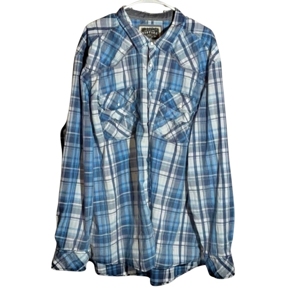 BKE Vintage Button Up Shirt Mens Size XXL Blue and White Plaid Pearl Buttons